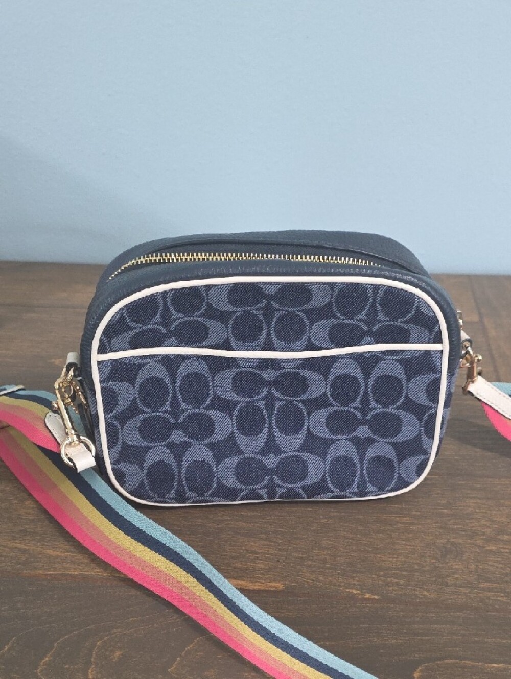 Coach Navy Signature Canvas Crossbody with Rainbow Stripe Strap - Picture 3 of 4